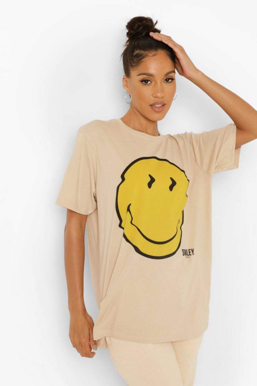 Oversize T-Shirt mit Smiley-Print, Stone image number 1