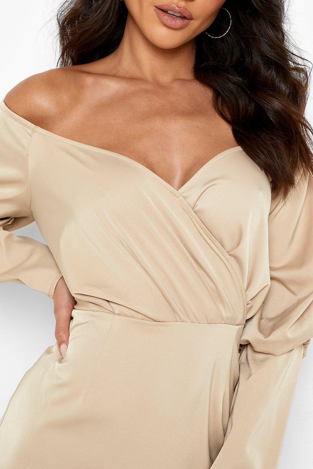 Satin Off The Shoulder Blouson Sleeve Midi Dress | boohoo