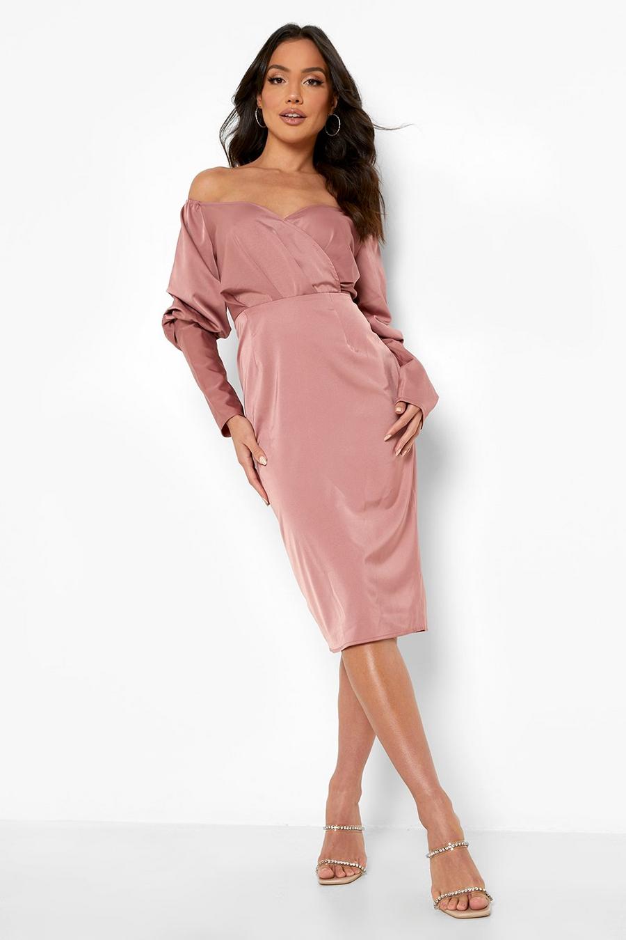 Rose Satin Bardot Blouson Sleeve Midi Dress image number 1