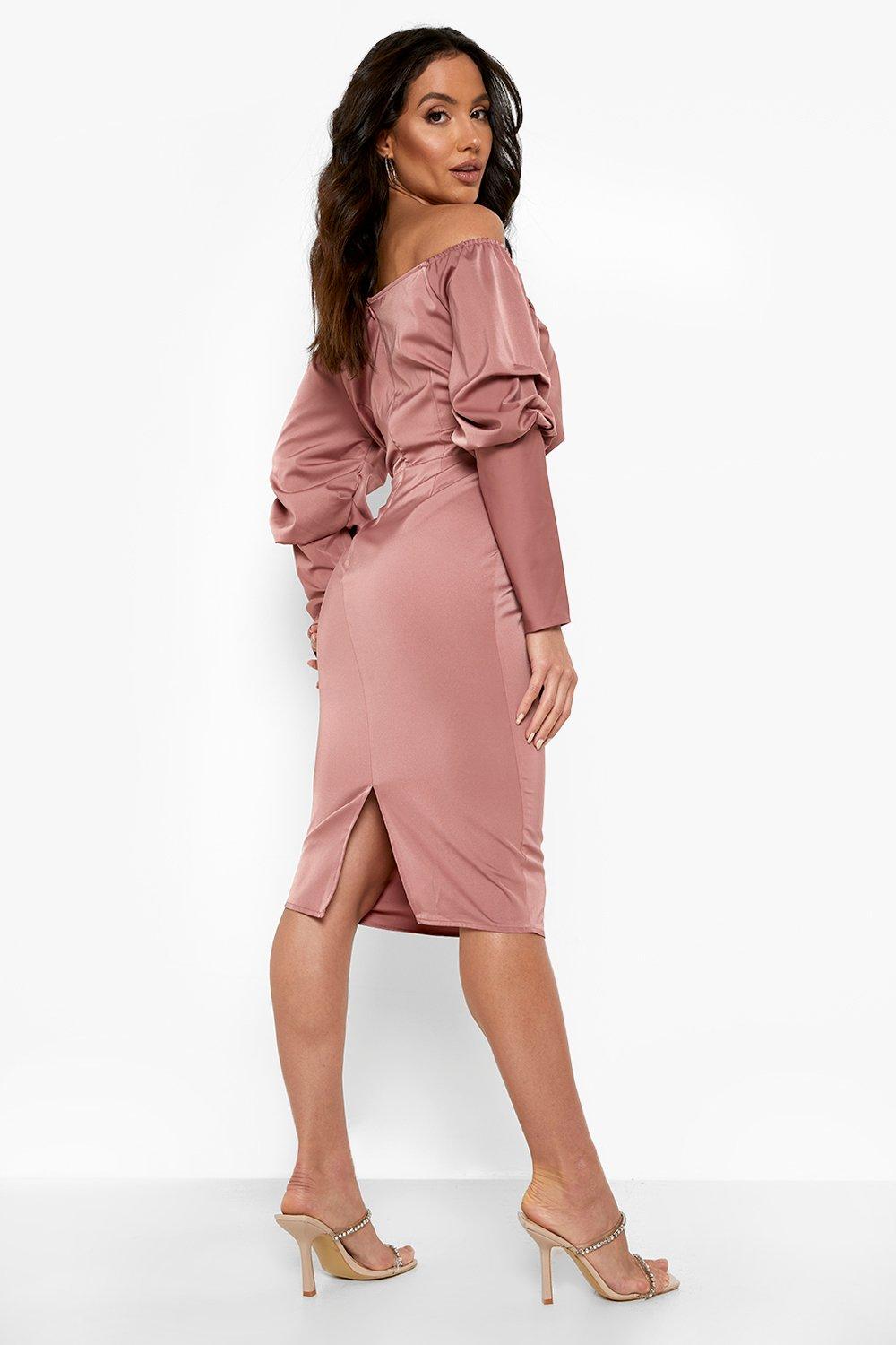 blouson one shoulder dress in satin