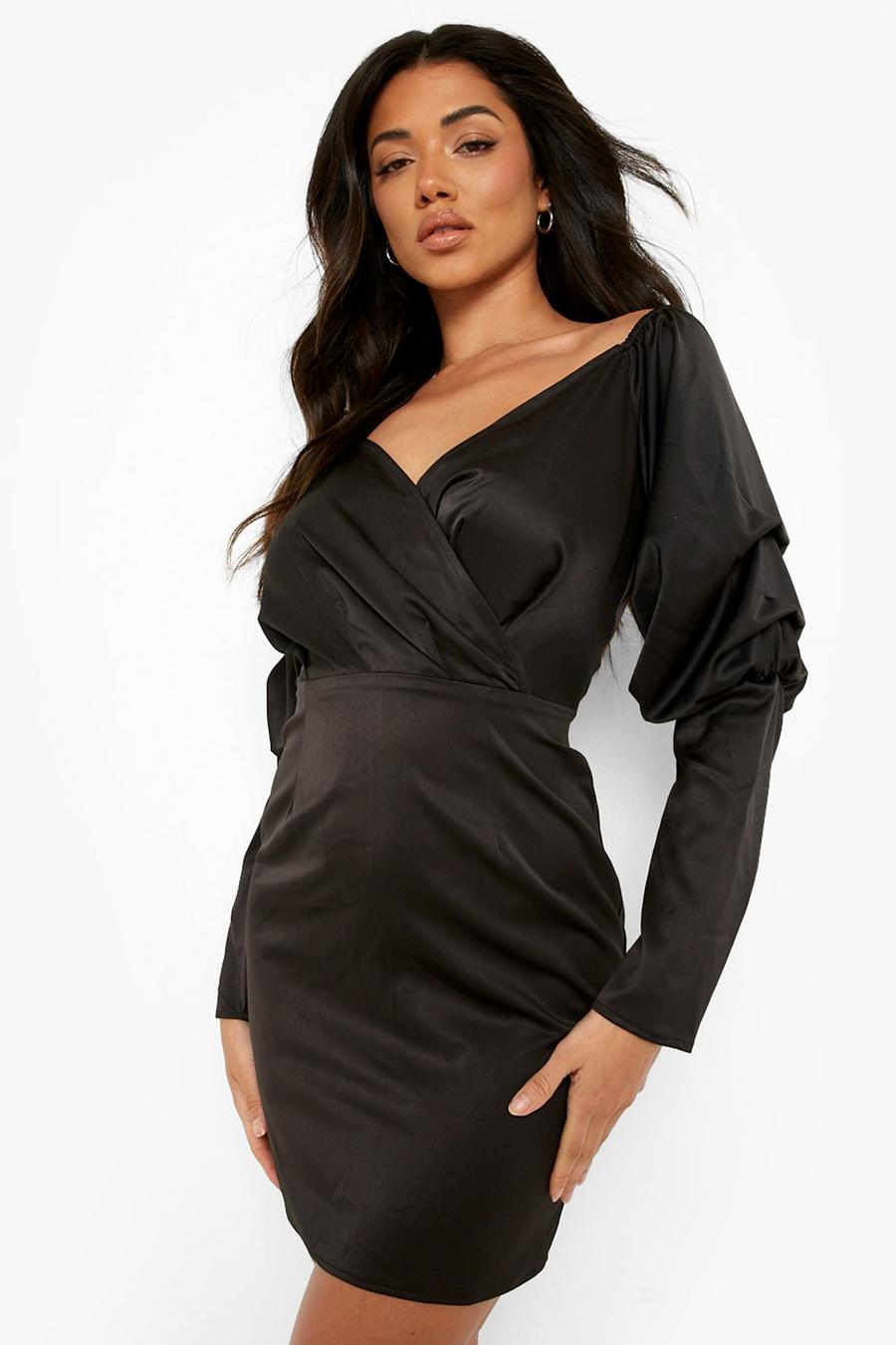 שחור שמלת מיני ברדו מבד סאטן עם שרוולי בלוזון image number 1