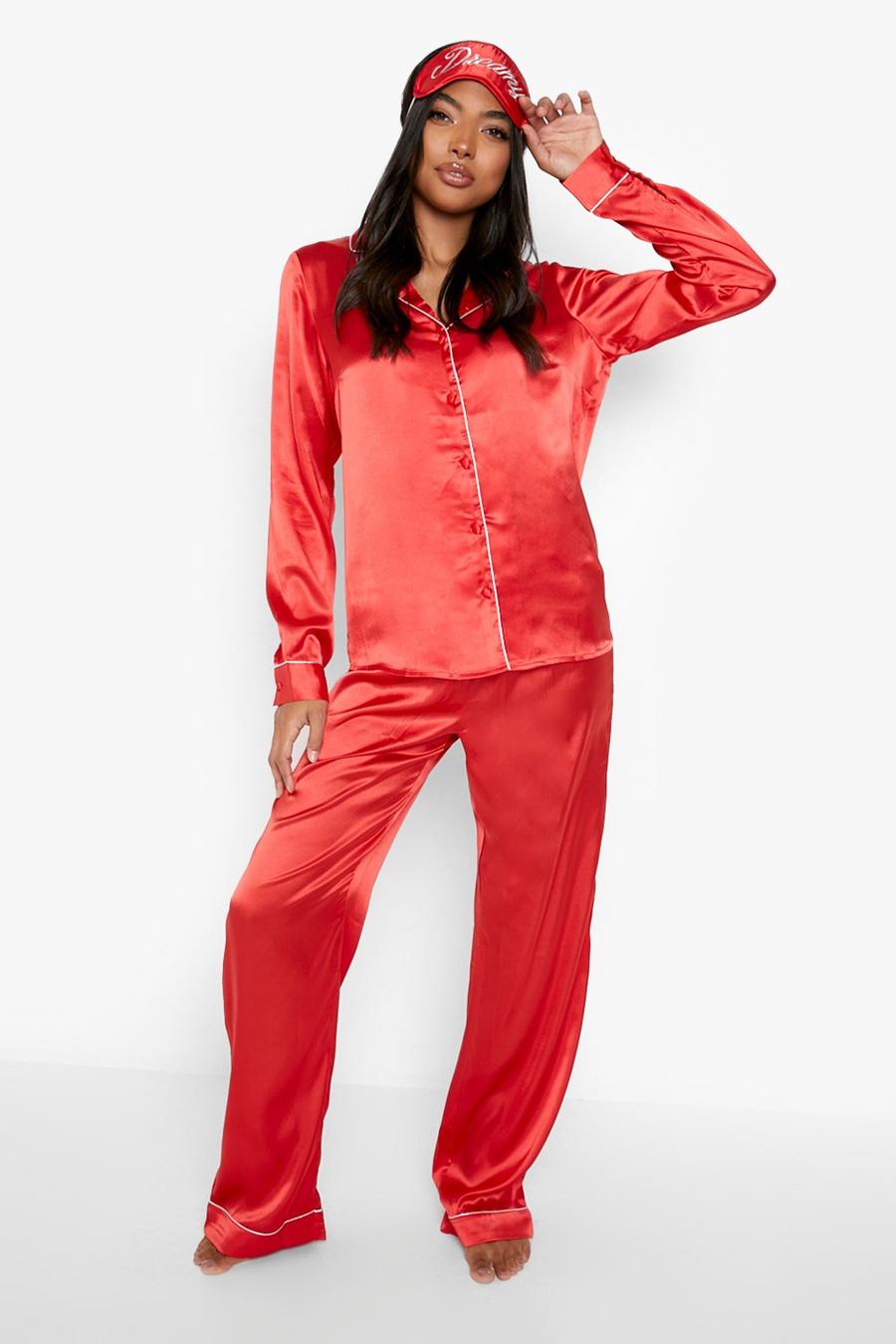 Tall Dreamy Pyjama-Set aus Satin und Maske, Red image number 1