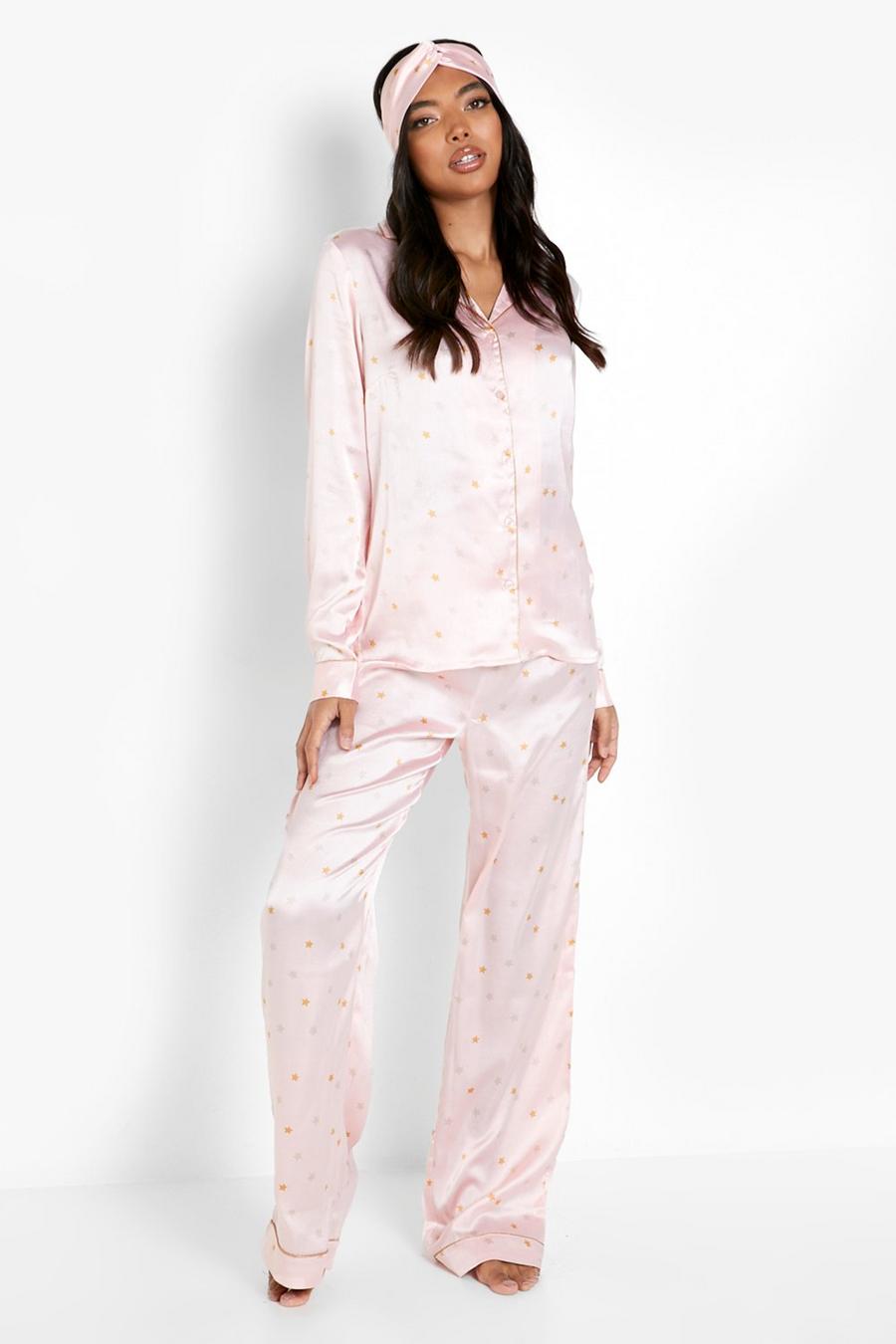 Pijama Tall de 3 piezas de raso con diadema, Pink image number 1