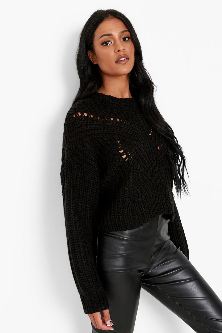 שחור סוודר קרופ ארוג בסגנון דייגים לנשים גבוהות image number 1