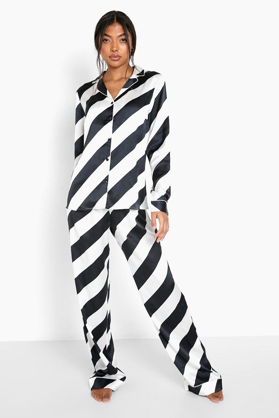 Black Tall 3-Delige Gestreepte Satijnen Pyjama Set Met Elastiekje image number 1