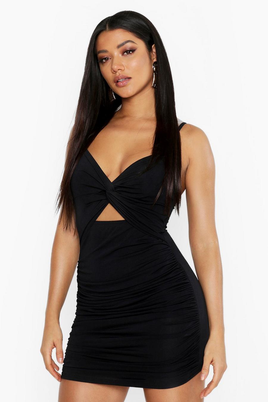 Black Ruched Knot Front Bodycon Mini Dress image number 1