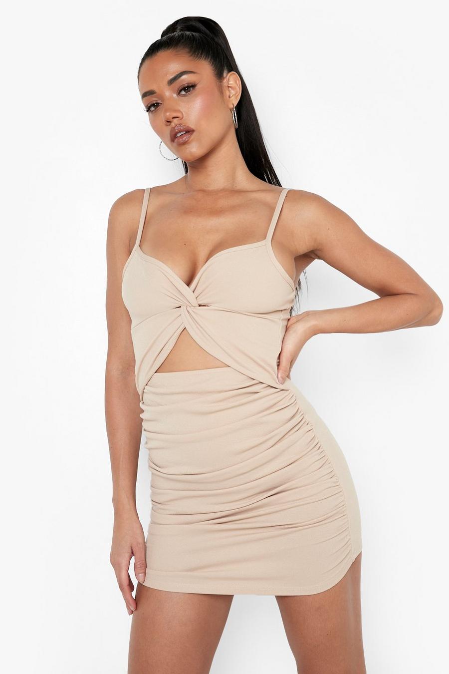 Stone beige Recycled Rouche Knot Front Bodycon Mini Dress