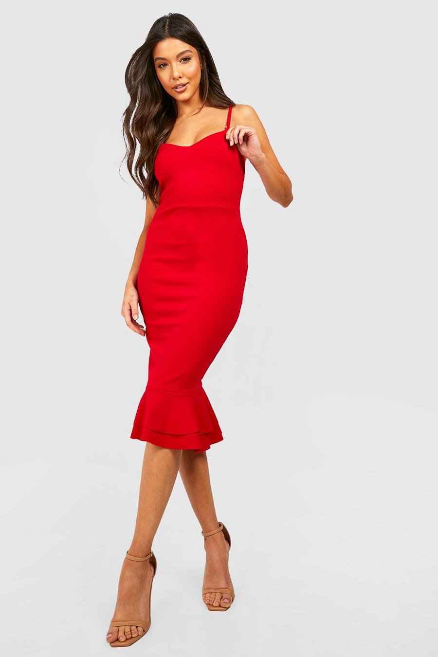 Red Frill Hem Strappy Midi Dress
