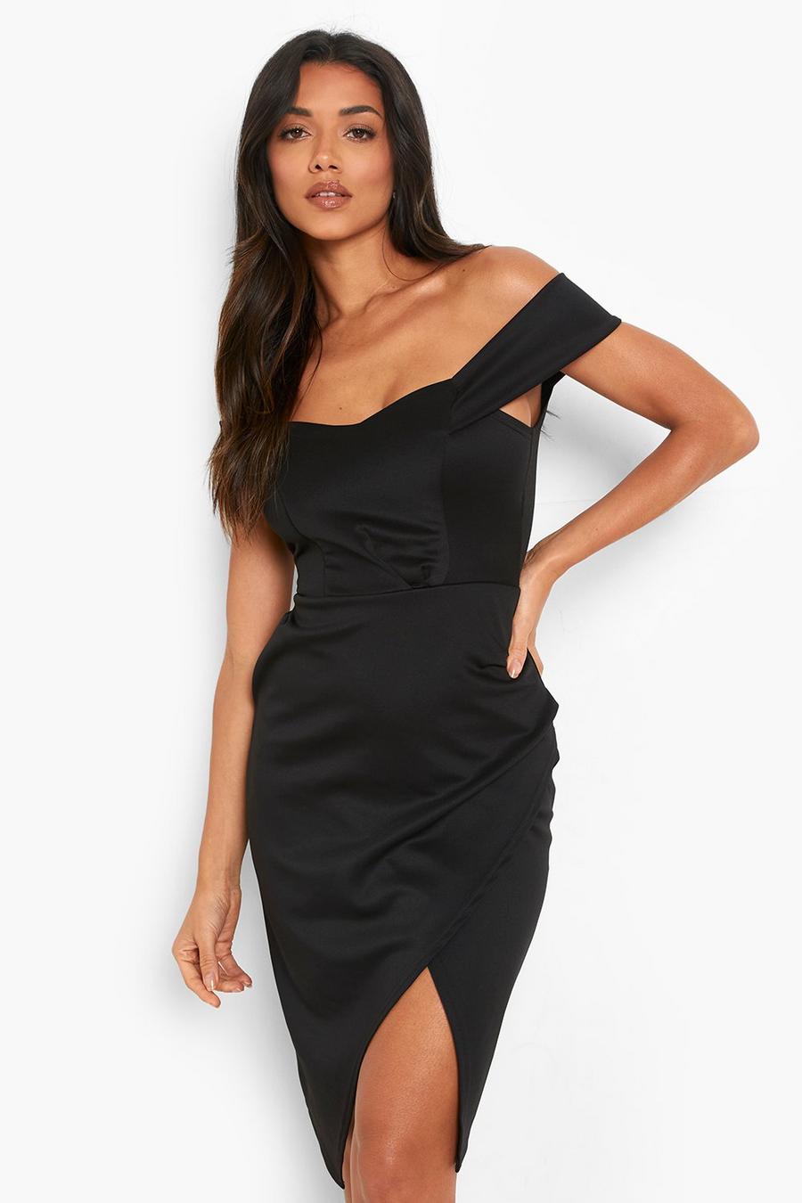 Black svart Scuba Bardot Wrap Midi Dress