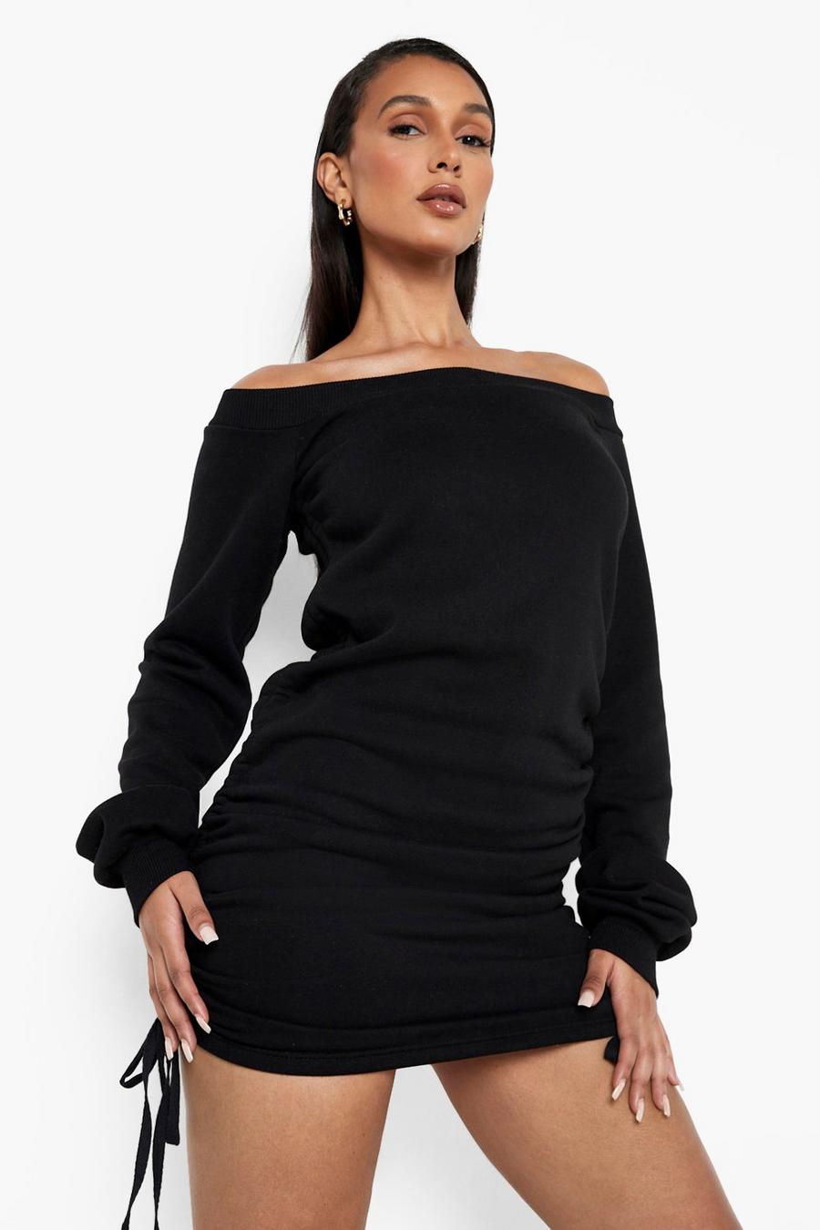Black Ruched Bardot Sweatshirt Dress image number 1