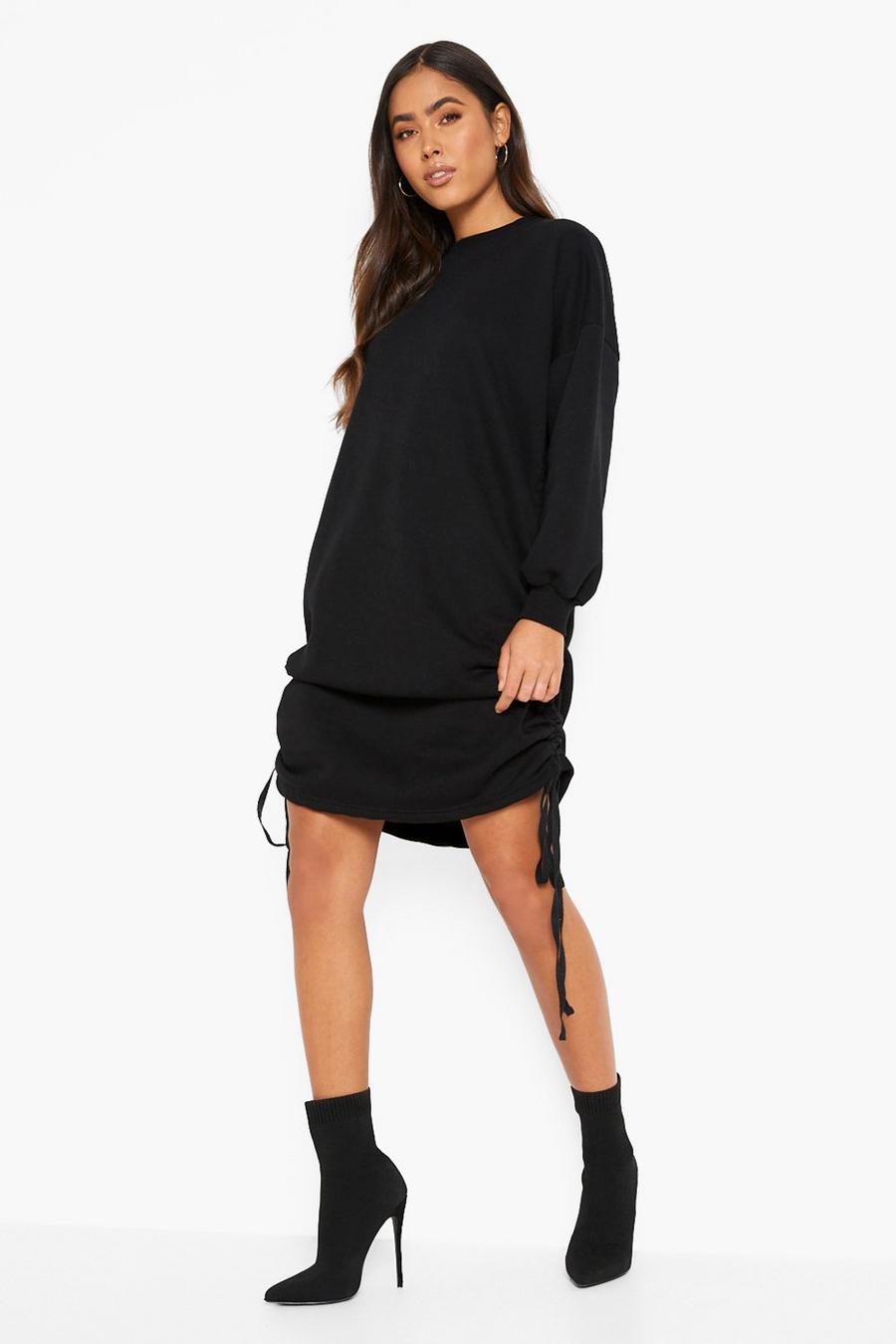 Black Ruched Side Sweatshirt Dress