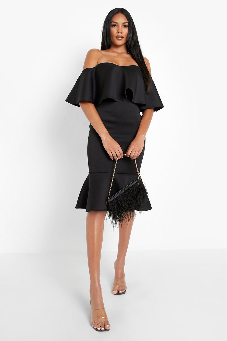 Black Scuba Frill Bardot Midi Dress image number 1
