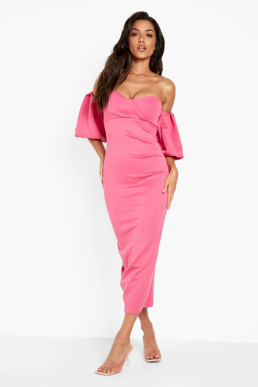 Hot pink Scuba Puff Sleeve Midaxi Dress