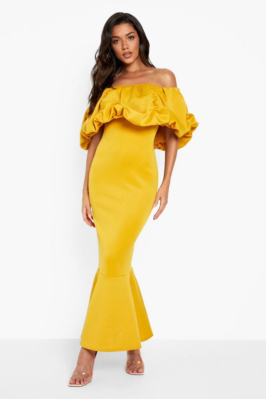 Mustard Scuba Ruffle Bardot Maxi Dress image number 1