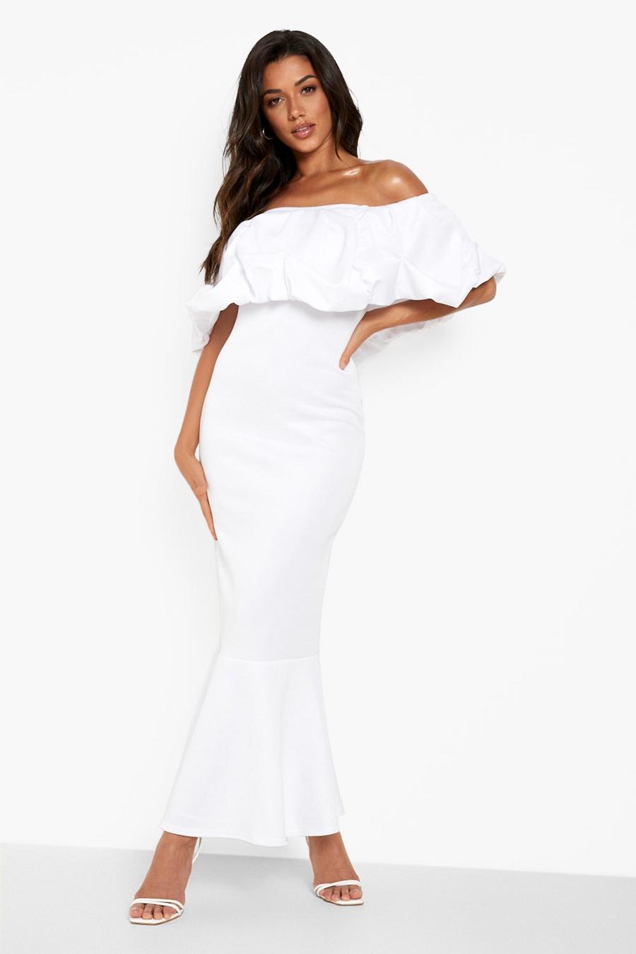 White Scuba Ruffle Off The Shoulder Maxi Dress image number 1