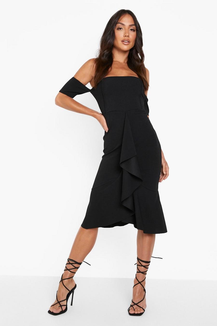 שחור שמלת מידי בסגנון ברדו עם סלסולים  image number 1