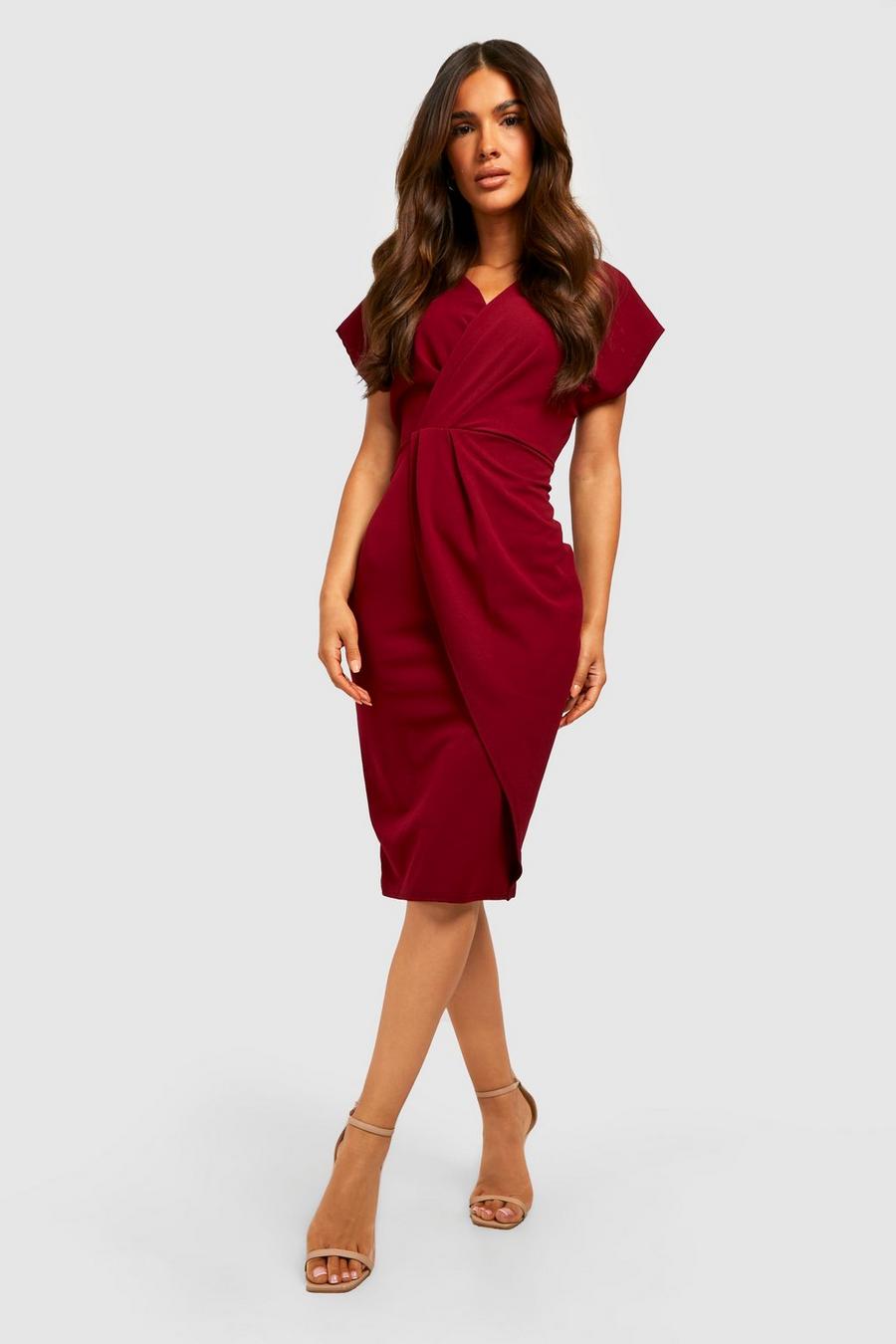 Berry red Wrap Front Midi Dress