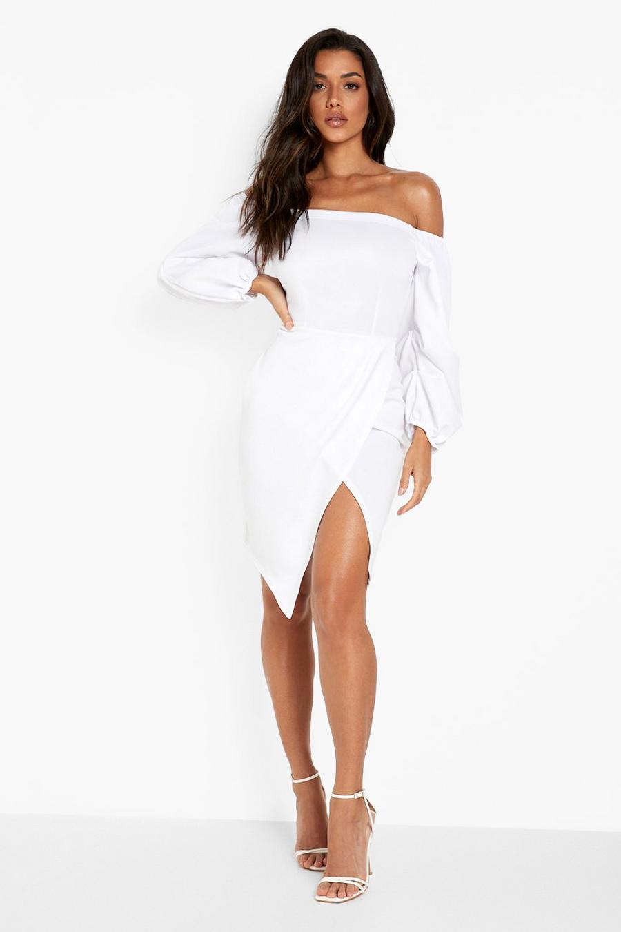 White bianco Scuba Bardot Long Sleeve Wrap Mini Dress image number 1