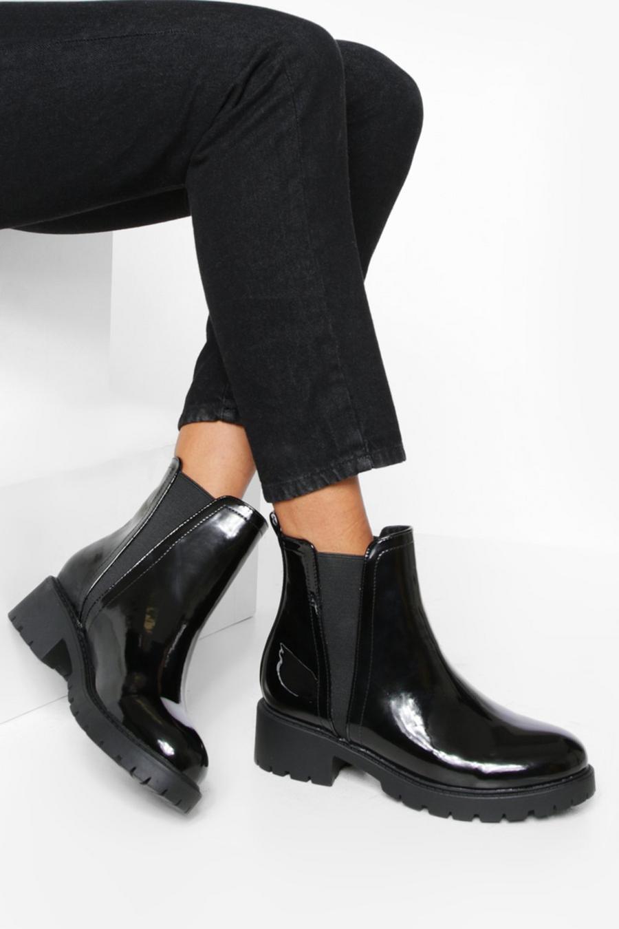 Black Wide Fit Patent Chelsea Boots image number 1