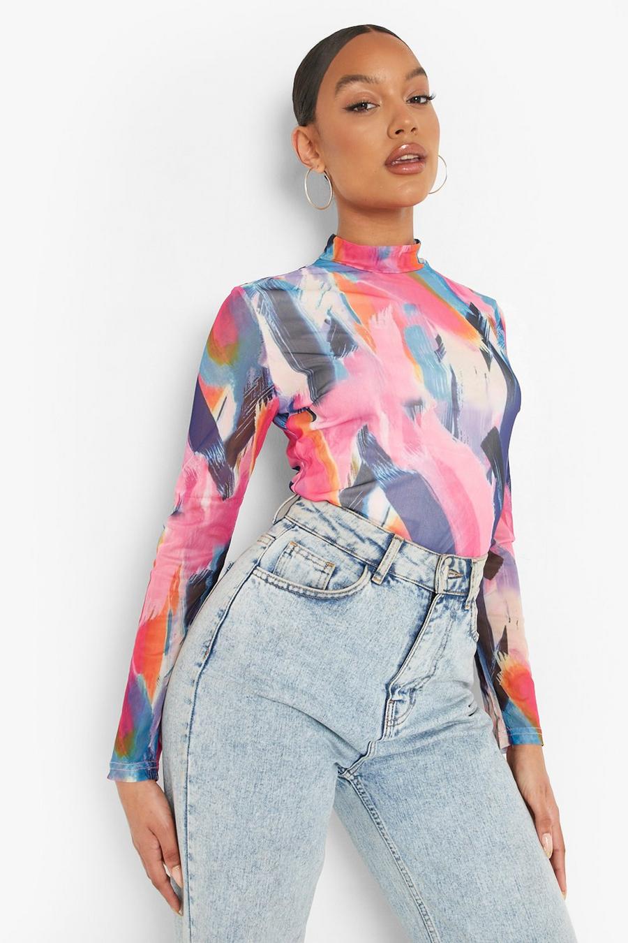 Multi High Neck Abstract Print Bodysuit image number 1