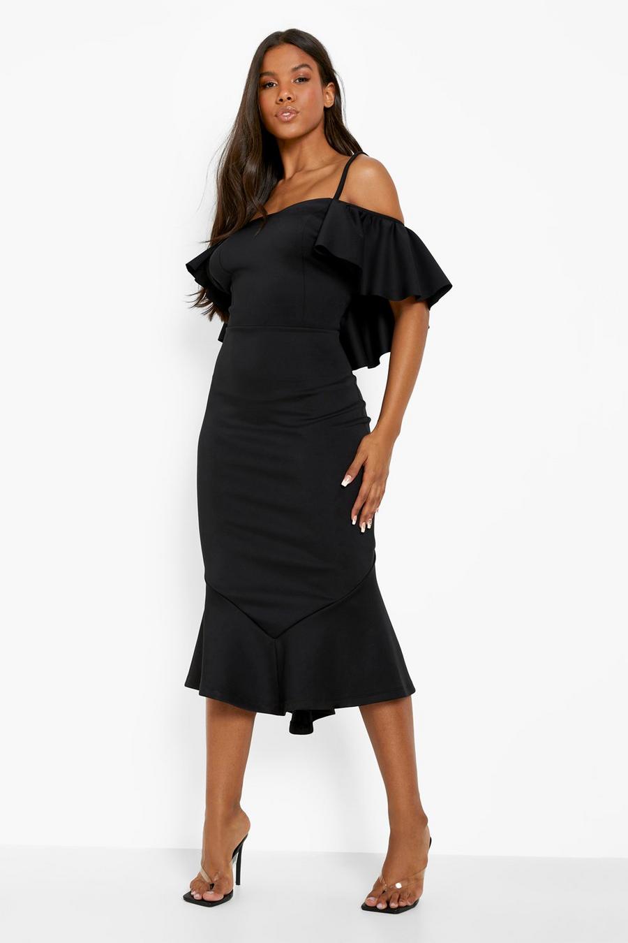 שחור שמלת מידקסי מבד סקובה עם מלמלה וגב חשוף image number 1