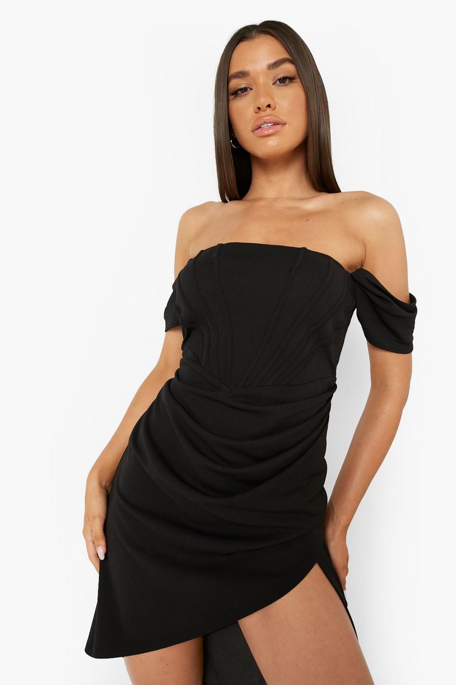 Black Draped Corset Detail Midi Dress image number 1