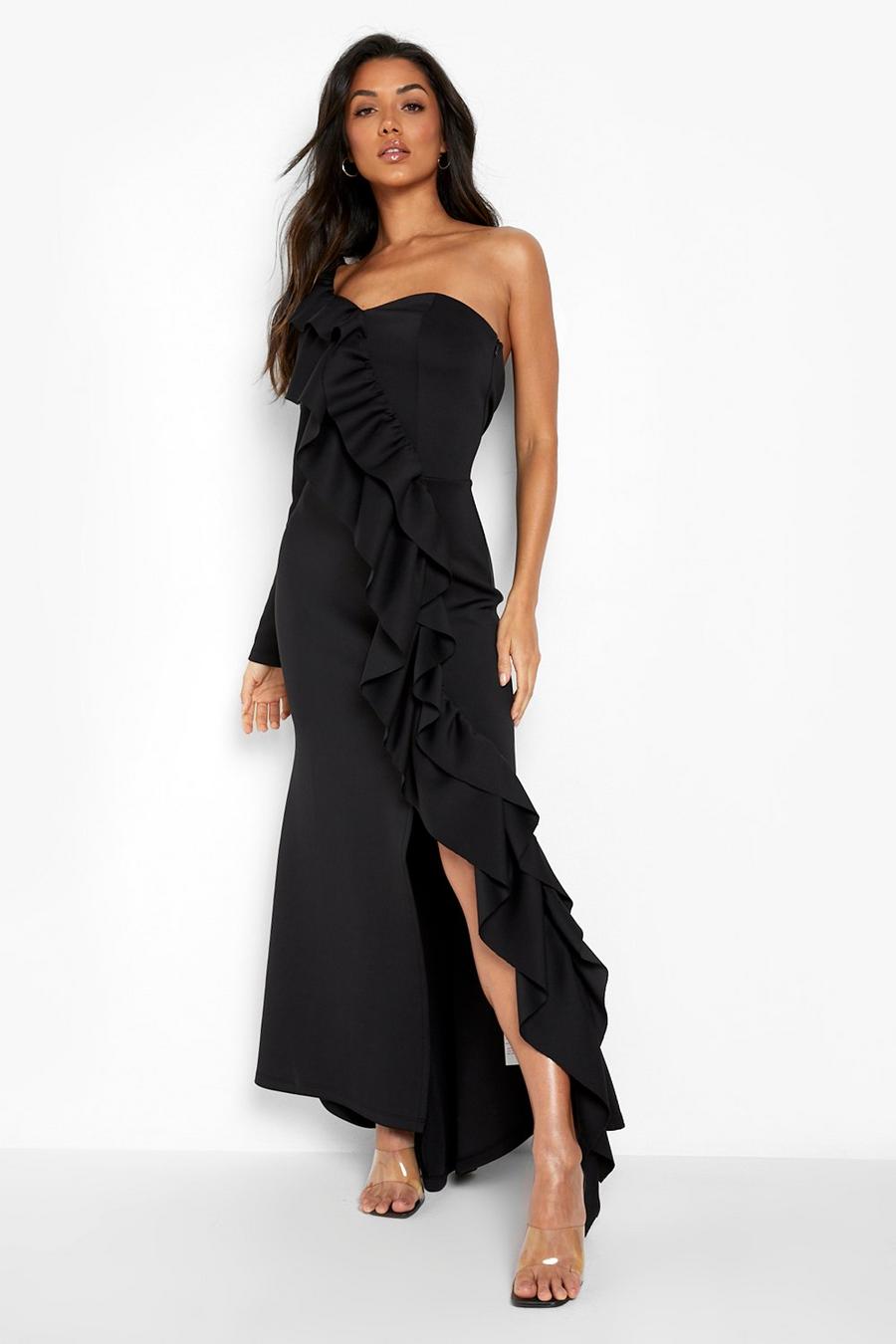 Black Extreme Ruffle Asymmetric Maxi Dress image number 1