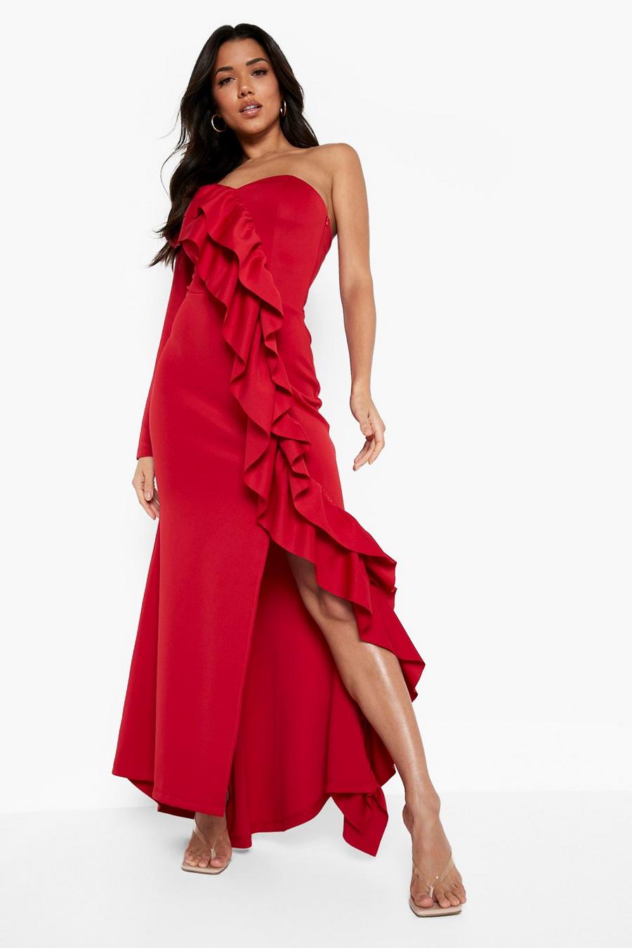 Red Extreme Ruffle Asymmetric Maxi Dress image number 1