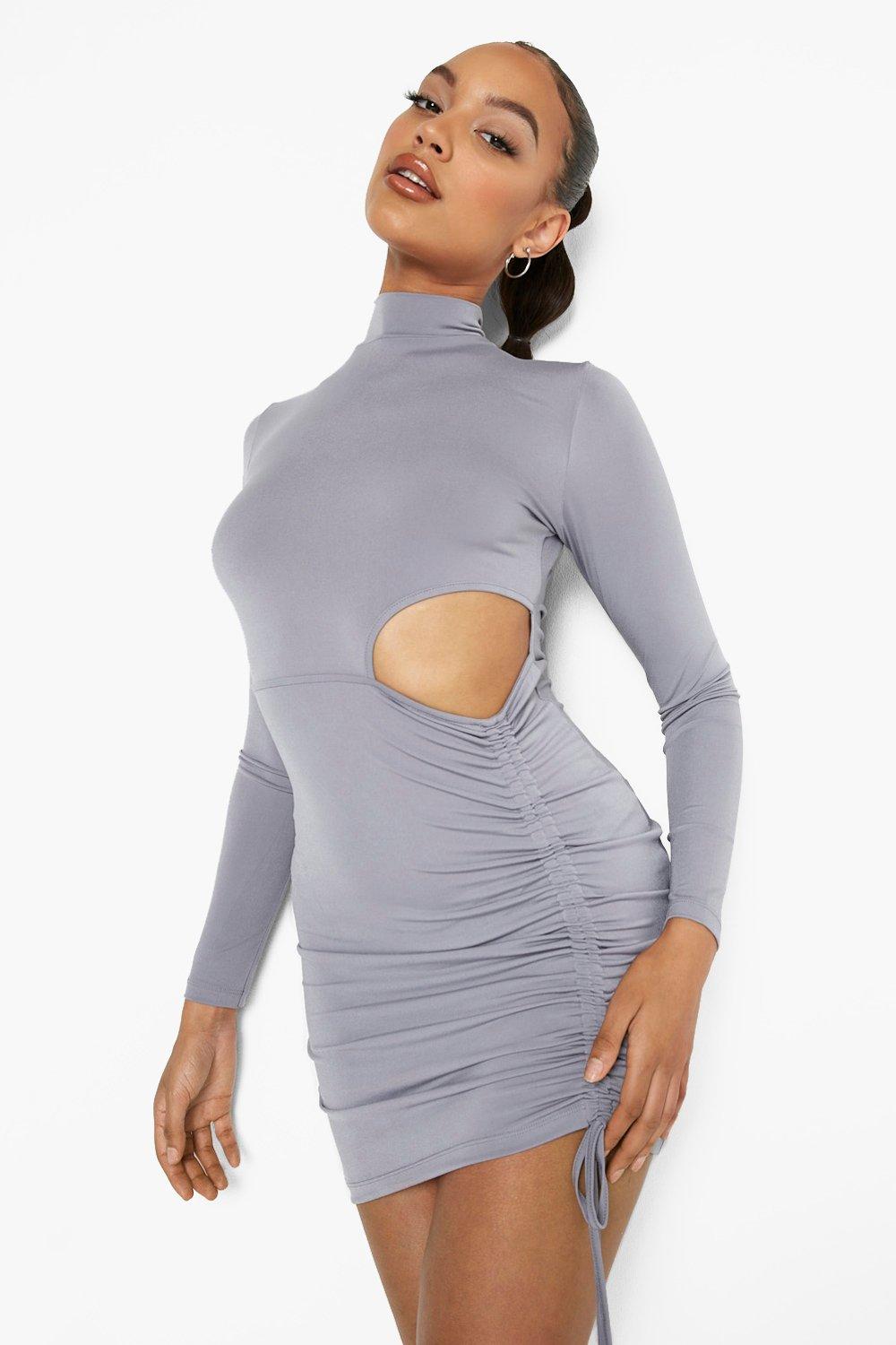 Women's Slinky Cut Out High Neck Ruched Mini Dress