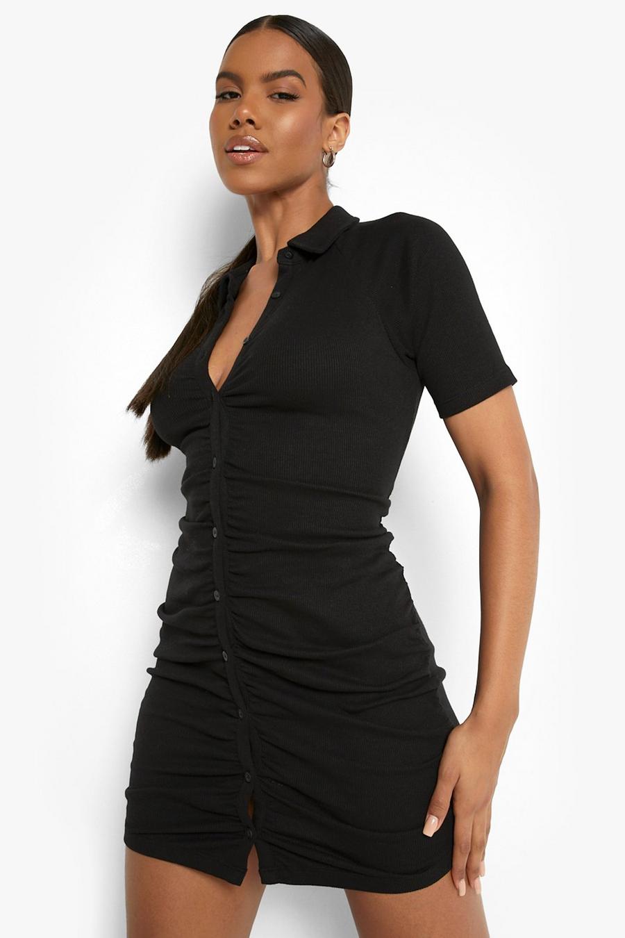 Black Premium Rib Mini Shirt Dress image number 1