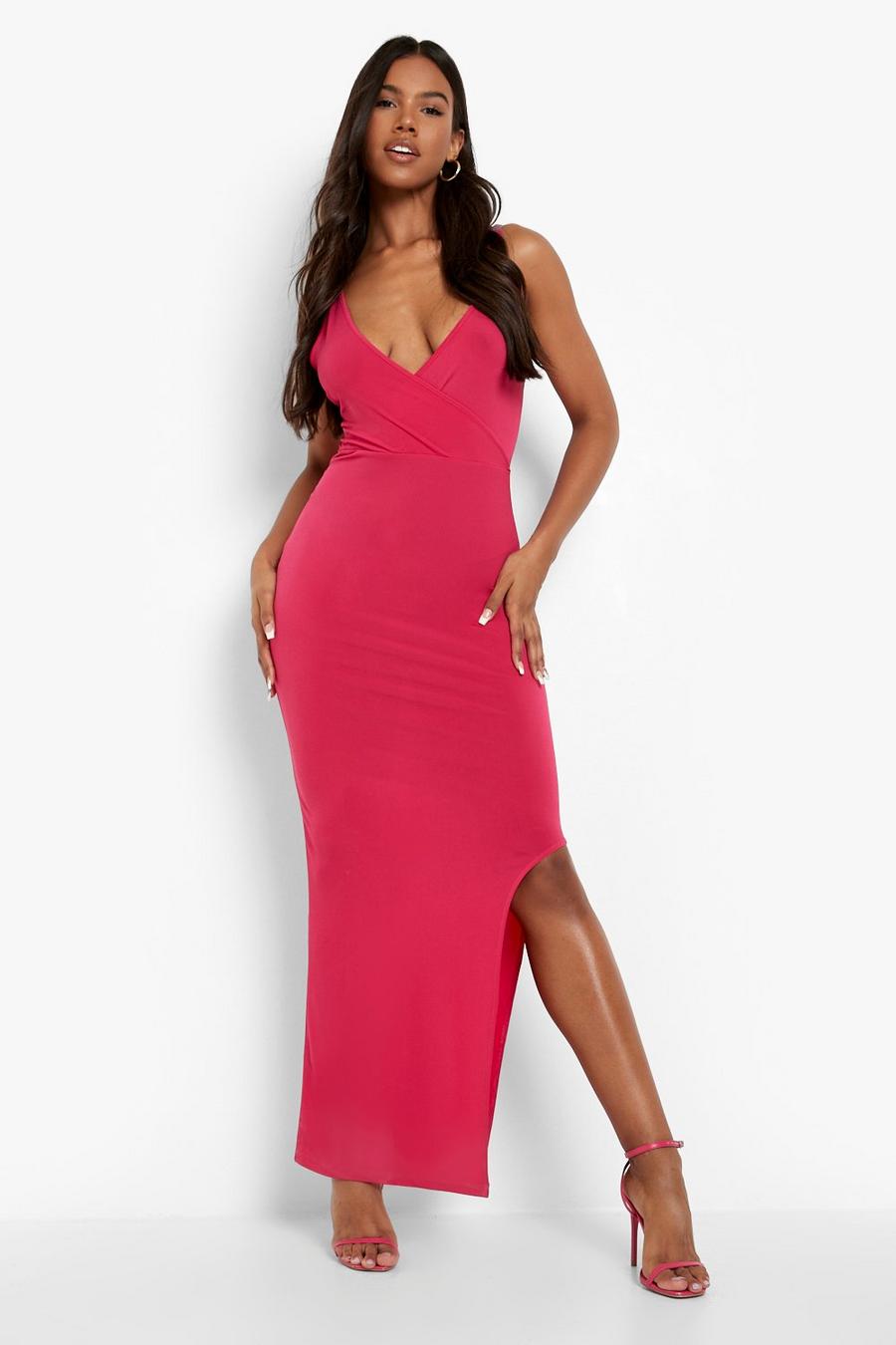 Hot pink Slinky Plunge Strappy Maxi Dress image number 1