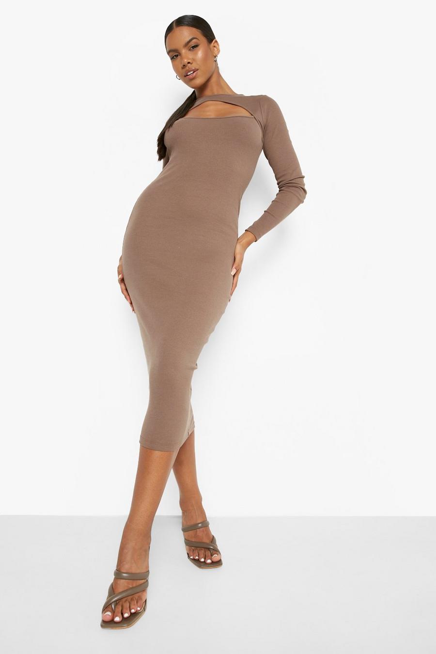 Mocha beige Premium Rib Cut Out Midaxi Dress image number 1