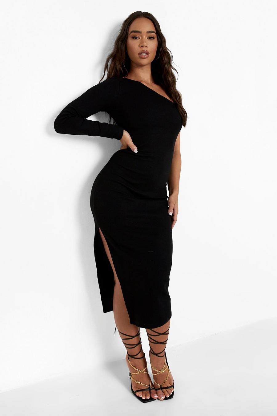 Black Premium Rib One Shoulder Midaxi Dress image number 1
