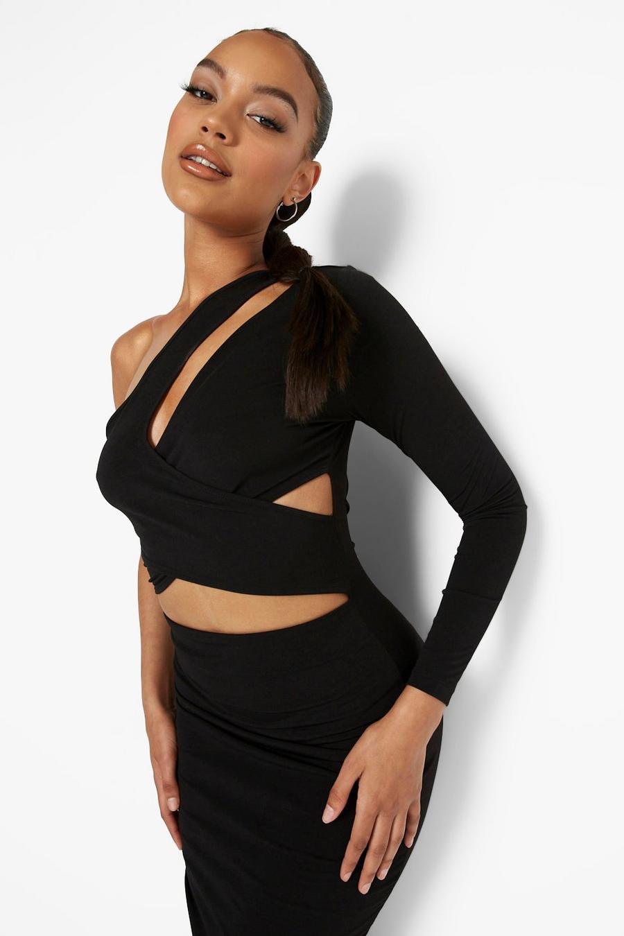 Black Slinky Cut Out Asymmetric Midi Dress image number 1