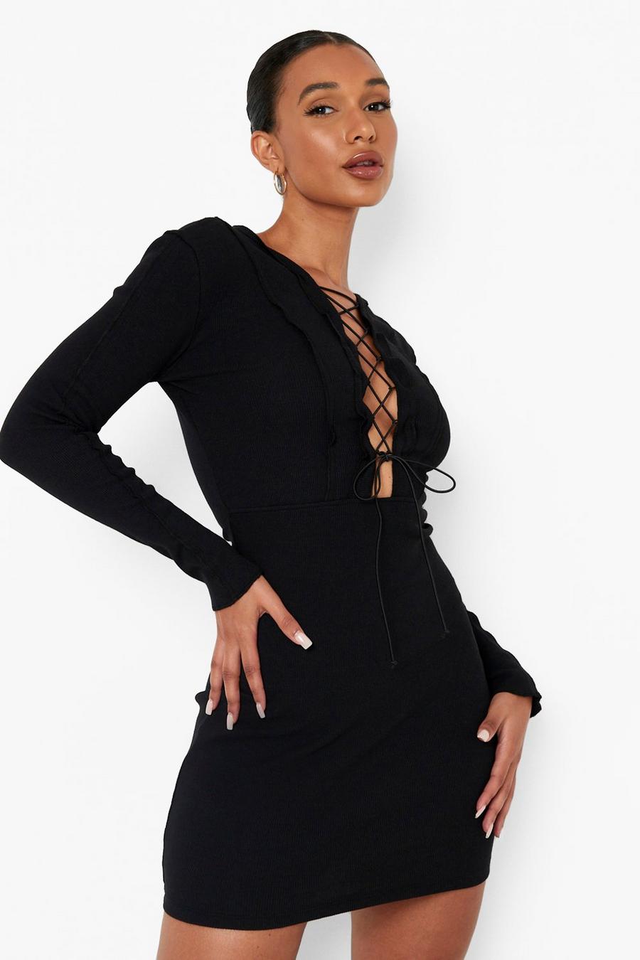 Black Premium Rib Panelled Lace Up Mini Dress image number 1