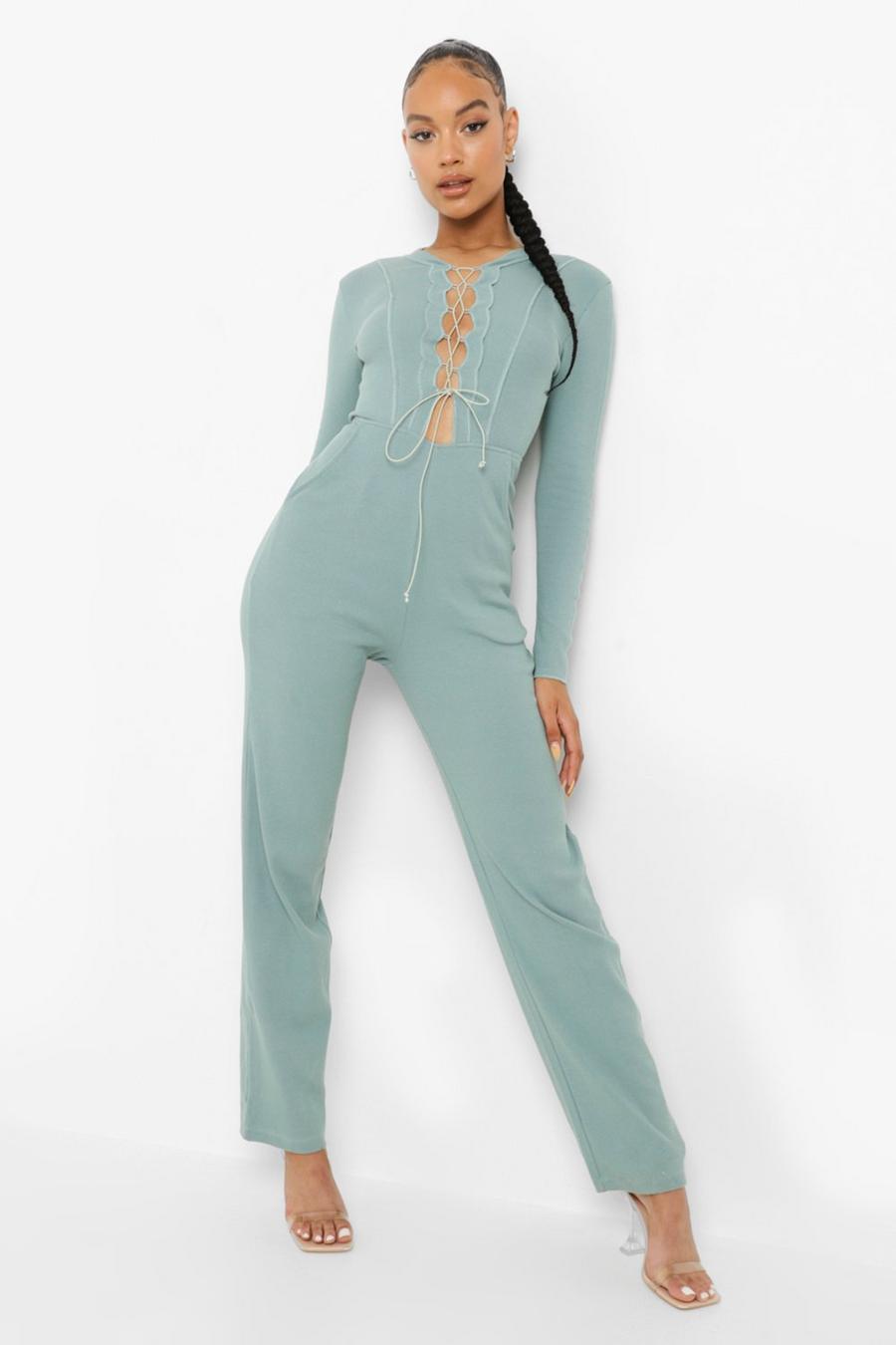 Sage green Recycled Rib Lace Up Wide Leg Jumpsuit image number 1