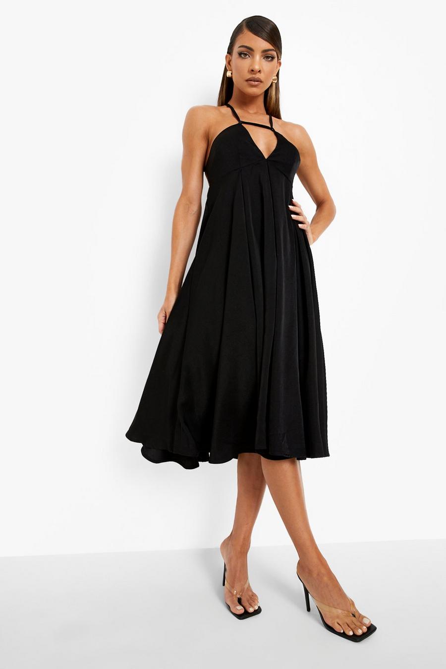שחור שמלת סקייטר מידי עם רצועות דקות בגב וקפלים image number 1