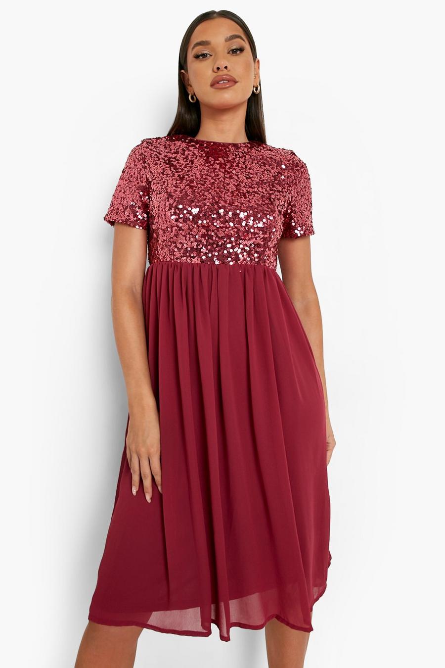 Berry röd Sequin Top Short Sleeve Midi Dress