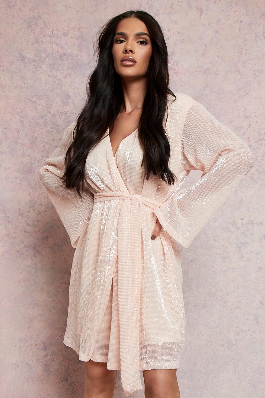 Nude Sequin Flared Sleeve Belted Mini Dress image number 1