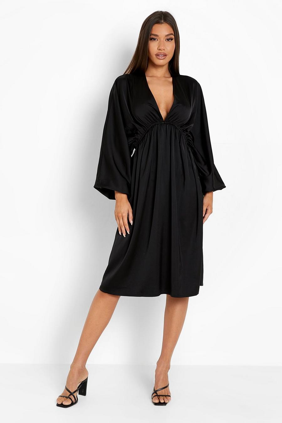 Black Blouson Sleeve Plunge Midi Dress image number 1