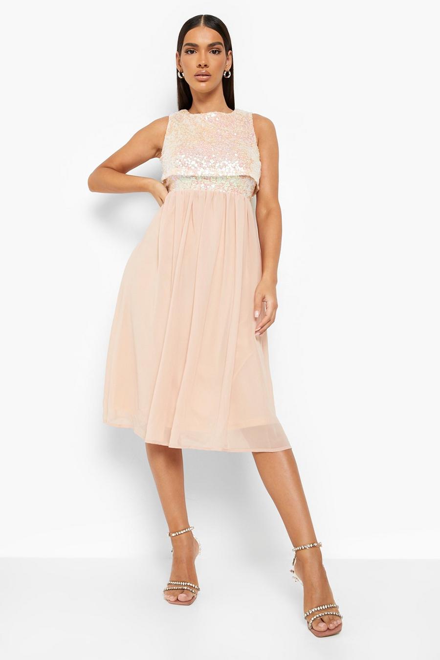 Champagne beis Double Layer Sequin Midi Skater Dress