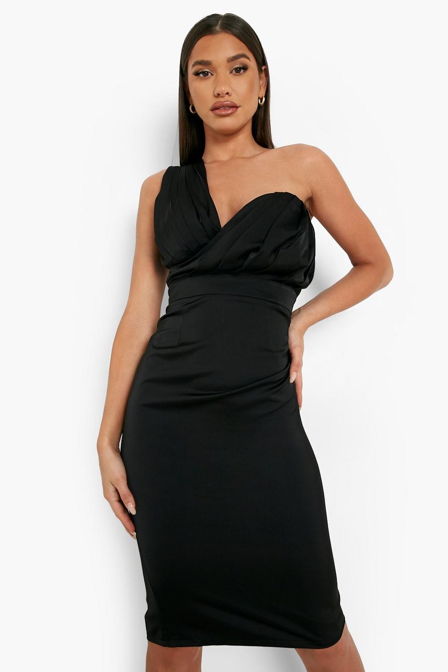 Black Pleated One Shoulder Midi Dress image number 1