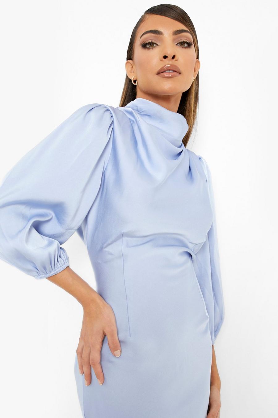 Blue Satin Cowl Neck Blouson Sleeve Midi Dress image number 1