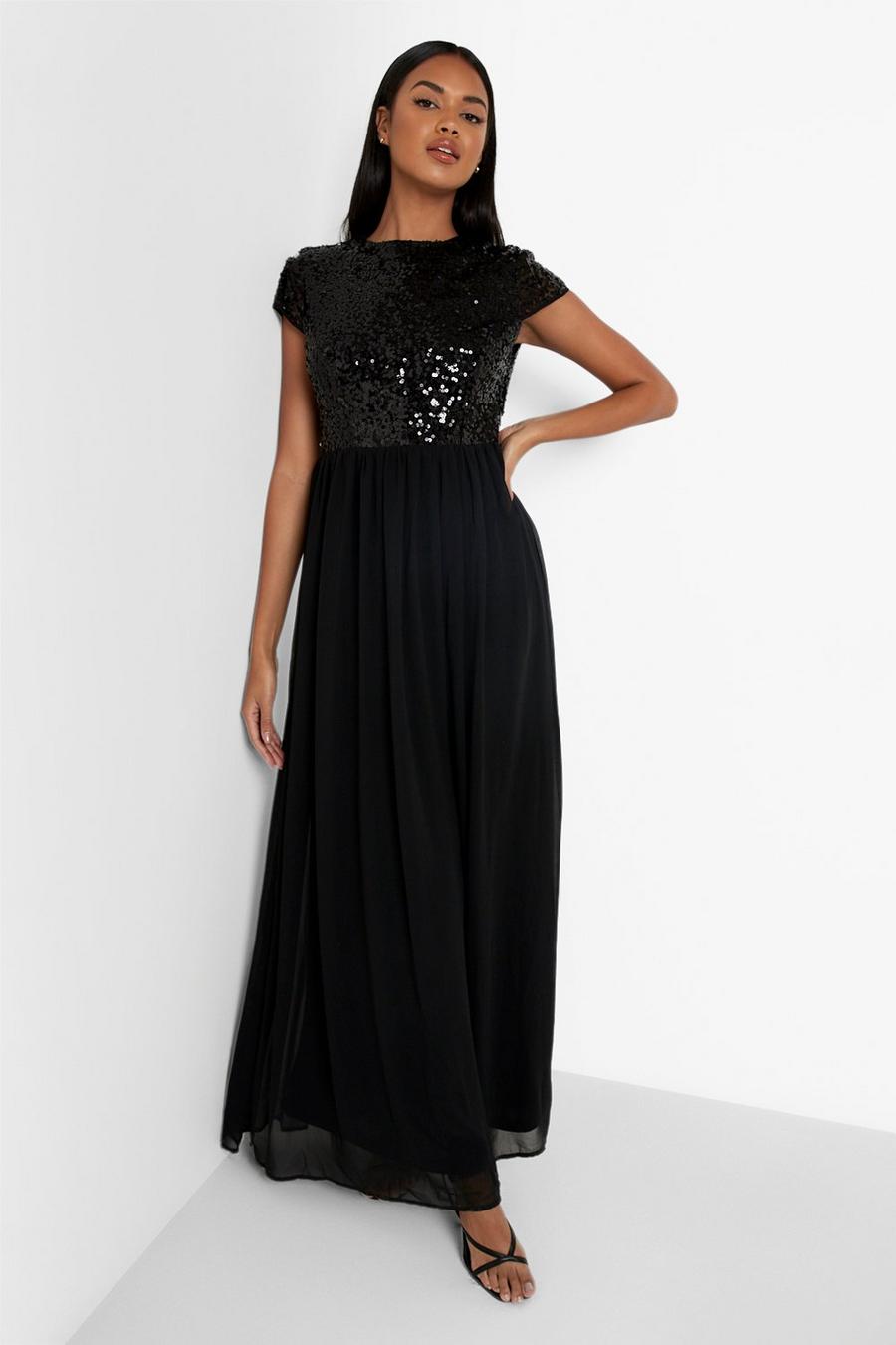 Black Sequin Cap Sleeve Maxi Dress image number 1