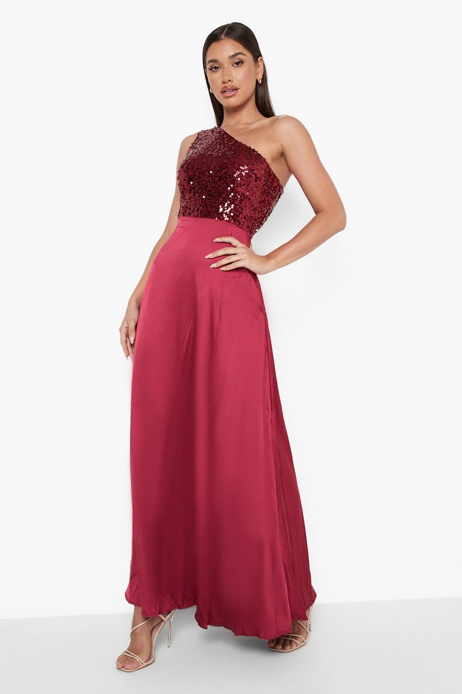 Berry Sequin One Shoulder Satin Skirt Maxi Dress image number 1