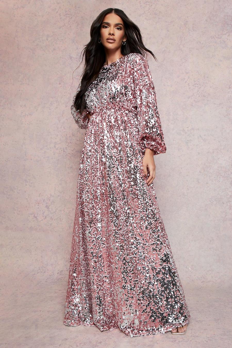 Rose gold Sequin Open Back Blouson Sleeve Maxi Dress image number 1