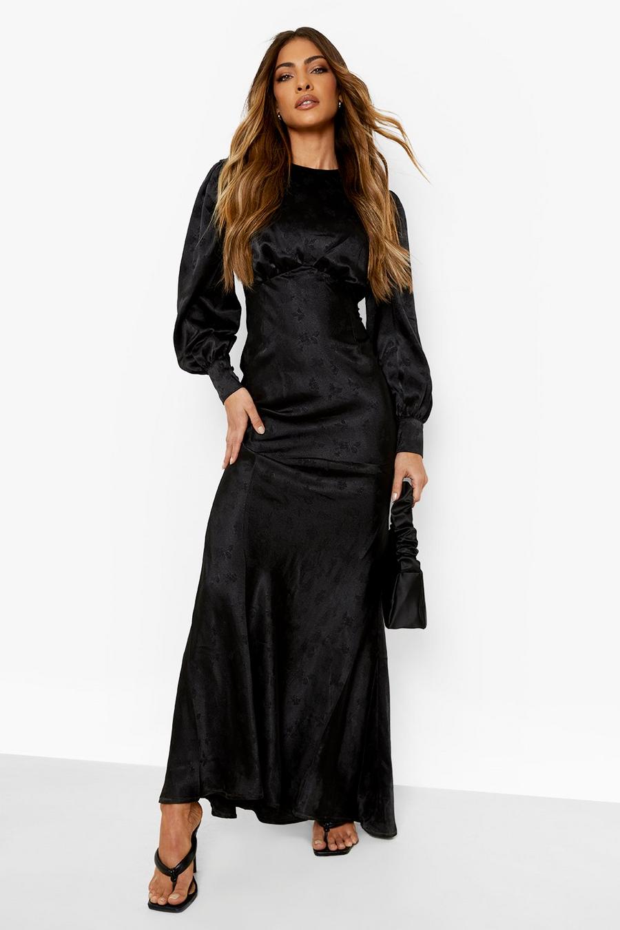 שחור שמלת מקסי סאטן ג'קארד עם שרוולי בלוזון image number 1