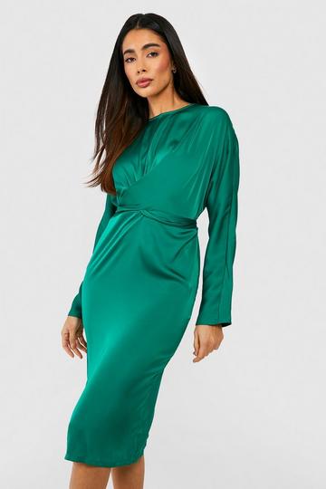 Green Satin Wrap Detail Tie Back Midi Dress