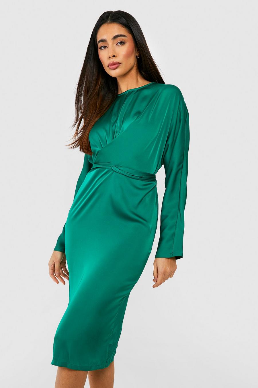 Green vert Satin Wrap Detail Tie Back Midi Dress image number 1