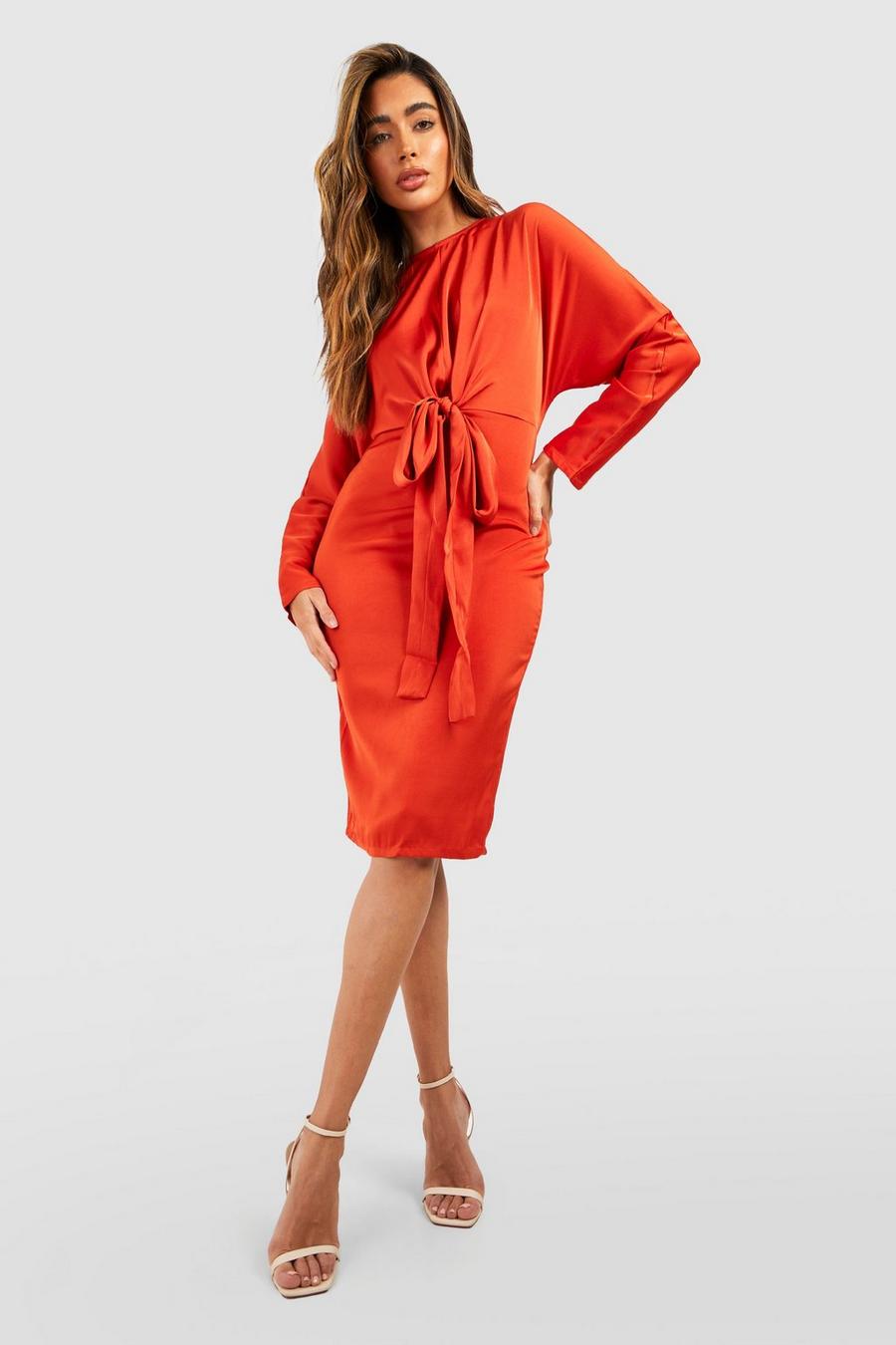 Rust Satin Wrap Detail Tie Back Midi Dress